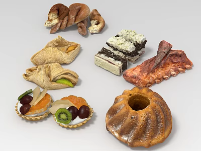 Variety of Tasty Foods with Braided Bread Layered Cakes Fruit Tarts and Roasted Ribs 3d model