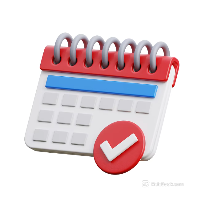 Decorative Ornament Set Featuring Spiral Bound Calendar With Blue Stripe And Red Check Mark 3d model 