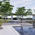 Modern Outdoor Pergola Design With Lush Greenery Water Feature And Wooden Bench In Garden