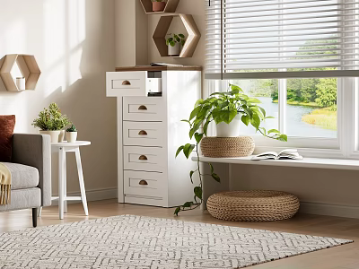 Cozy Living Room With Gray Sofa White Chest Of Drawers Green Plants And Woven Rug 3d model