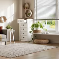 Cozy Living Room With Gray Sofa White Chest Of Drawers Green Plants And Woven Rug