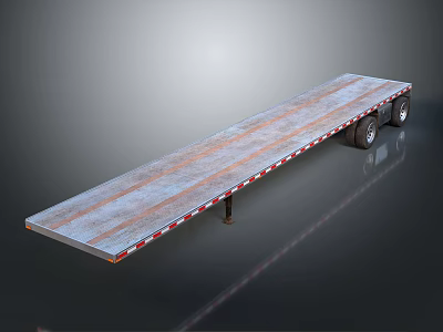 Long Flatbed Trailer With Metal Surface Red White Reflective Strips And Wheels 3d model