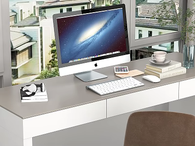 Modern Desk Setup With Computer Monitor Keyboard Mouse Books And Cup By Window 3d model