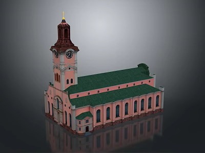 Classical Church Building With Clock Tower Golden Spire Green Roof And Pink Walls 3d model
