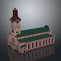 Classical Church Building With Clock Tower Golden Spire Green Roof And Pink Walls