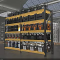 Industrial Warehouse Storage Space With Yellow Metal Shelving Toolboxes Tires And Containers