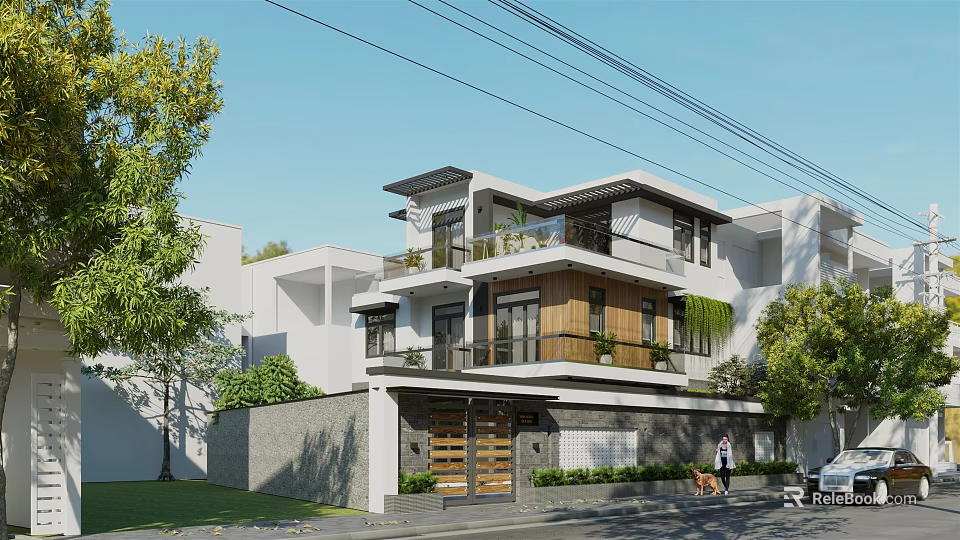 Modern Two Story Detached Villa Exterior Design With Balcony Greenery And Wooden Door 3d model 