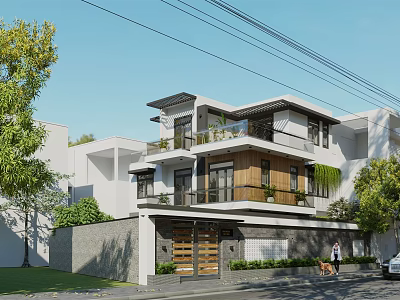 Modern Two Story Detached Villa Exterior Design With Balcony Greenery And Wooden Door 3d model