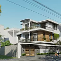 Modern Two Story Detached Villa Exterior Design With Balcony Greenery And Wooden Door