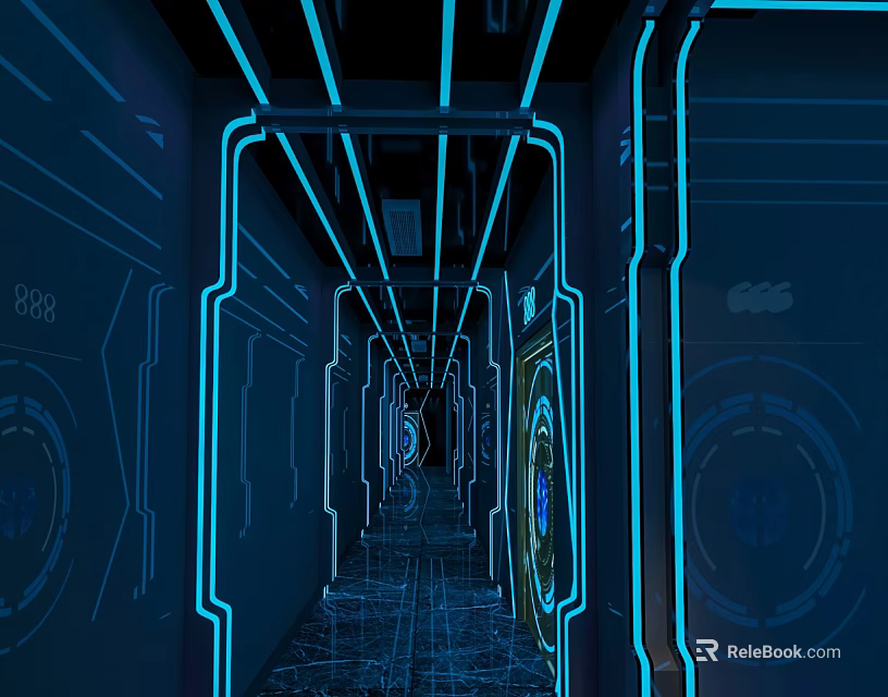 Modern Futuristic Elevator Hallway With Blue Neon Lights And Glowing Tech Lines 3d model 