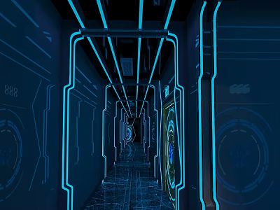 Modern Futuristic Elevator Hallway With Blue Neon Lights And Glowing Tech Lines 3d model