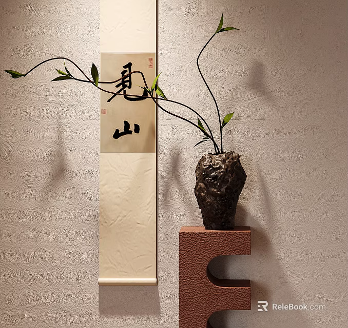 Japanese Style Vase with Green Branches on Decorative Stand Near Scroll Painting and Textured Wall 3d model 