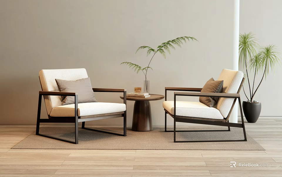 Modern Beige Chairs And Small Round Table Set With Black Frame Interior Green Plants 3d model