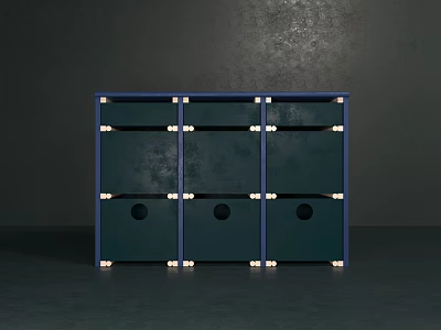 Dark Blue Modern Minimalist Console Side Cabinet With Storage Shelves And Wooden Legs 3d model