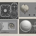 Modern Kitchen Cooking Appliances With Gas Stove Pans Teapot And Control Knobs 3d model