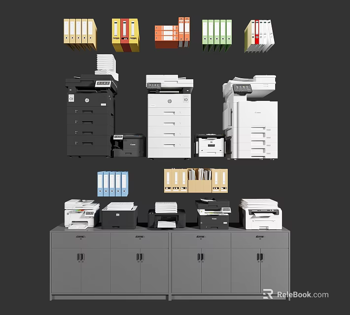 Office Equipment Collection Featuring Multifunction Printers File Cabinets And Colored Folders 3d model 