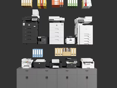 Office Equipment Collection Featuring Multifunction Printers File Cabinets And Colored Folders 3d model