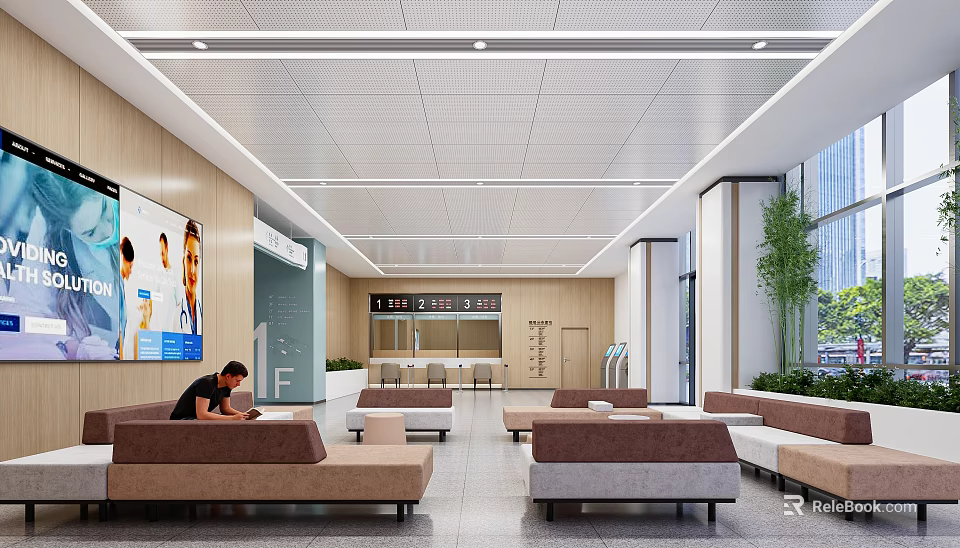 Modern Hospital Outpatient Clinic Waiting Area With Sofa Seats Reception Counter And Green Plants 3d model 