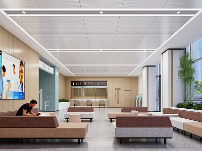 Modern Hospital Outpatient Clinic Waiting Area With Sofa Seats Reception Counter And Green Plants 3d model