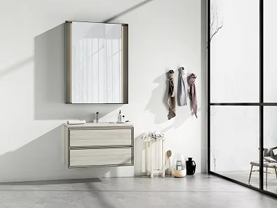 Modern Bathroom Vanity Wall Mounted With Framed Mirror Hanging Towels And Toiletries In Natural Light 3d model