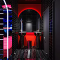 Modern Bar Interior with Circular LED Lights Pendant Lamps Graffiti Decor Seating and Bar Counter