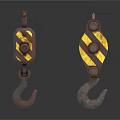 Pair Of Rusty Pulleys With Yellow And Black Stripes And Metal Hooks