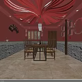 Traditional Chinese Dining Room With Red Draped Ceiling Red Lanterns Brick Walls And Wooden Furniture