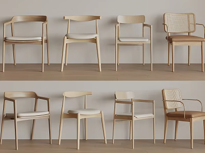 Modern Wooden Dining Chairs With Armrests Woven Backrests And Upholstered Seats 3d model
