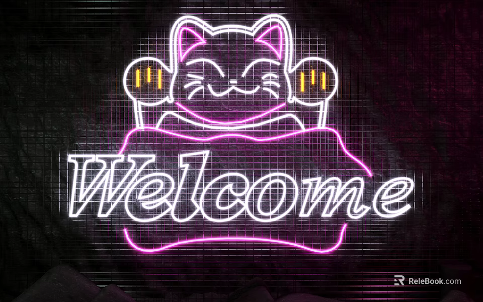 Pink And White Neon Decorative Light With Lucky Cat And Welcome Text Design 3d model 