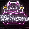 Pink And White Neon Decorative Light With Lucky Cat And Welcome Text Design