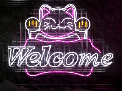 Pink And White Neon Decorative Light With Lucky Cat And Welcome Text Design 3d model