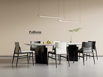Modern Minimalist Dining Table Combination With Round Table Black White Chairs Pendant Lights And Plant 3d model