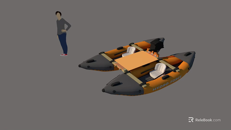 Marine Rescue Inflatable Boat With Orange Black Design And Table Near Person 3d model 