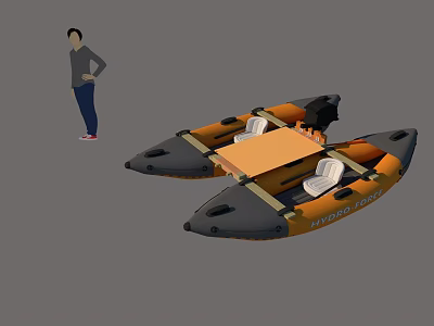 Marine Rescue Inflatable Boat With Orange Black Design And Table Near Person 3d model