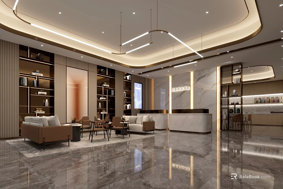 Modern Elegant Hotel Lobby Interior Design With Reception Counter Sofa Area And Marble Flooring 3d model 