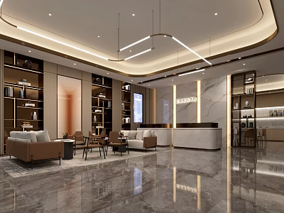 Modern Elegant Hotel Lobby Interior Design With Reception Counter Sofa Area And Marble Flooring 3d model