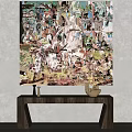 Large Abstract Painting On Wall In Modern Room With Green Trees View And Wooden Bench