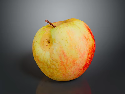 Fresh Ripe Yellow And Red Apple With Small Spot On Dark Background And Reflection 3d model