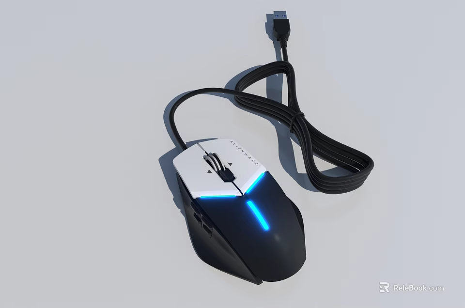 Wired Gaming Computer Mouse With Blue LED Light And Cable Design 3d model 