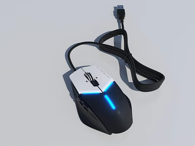 Wired Gaming Computer Mouse With Blue LED Light And Cable Design 3d model