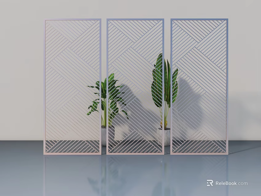 Modern Hinged Door Panels with Geometric Pattern Design and Decorative Green Plants 3d model