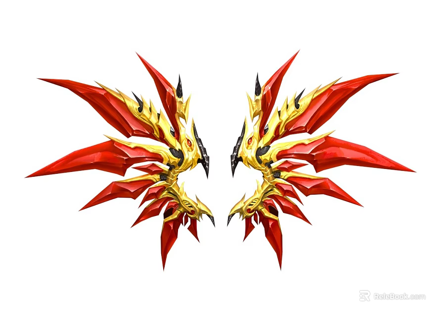 Red And Golden Symmetrical Wings Decorations With Intricate Patterns And Sharp Spikes Design 3d model 