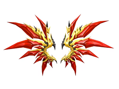 Red And Golden Symmetrical Wings Decorations With Intricate Patterns And Sharp Spikes Design 3d model