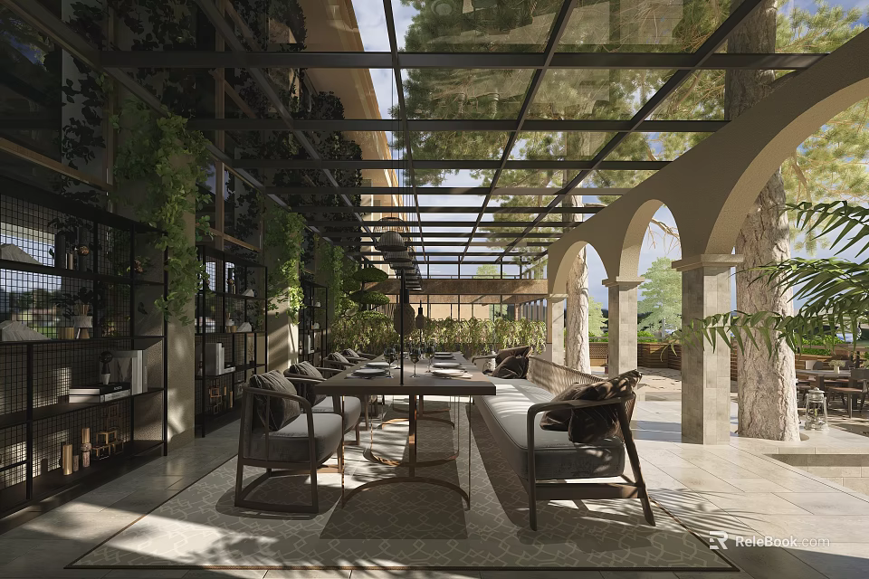Garden Landscape Featuring Glass Roofed Corridor Greenery Covered Walls Arched Columns And Outdoor Seating 3d model 