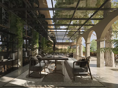 Garden Landscape Featuring Glass Roofed Corridor Greenery Covered Walls Arched Columns And Outdoor Seating 3d model