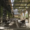 Garden Landscape Featuring Glass Roofed Corridor Greenery Covered Walls Arched Columns And Outdoor Seating