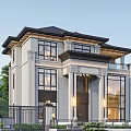 Modern Classic Detached Villa Exterior With Light Colored Walls Large Windows And Wrought Iron Gate