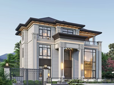 Modern Classic Detached Villa Exterior With Light Colored Walls Large Windows And Wrought Iron Gate 3d model