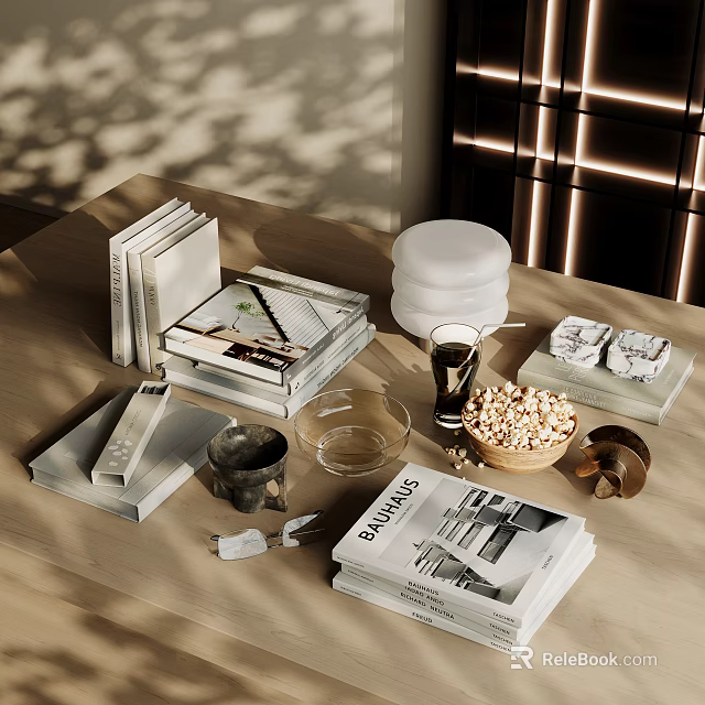 Elegant Modern Tabletop Decorative Ornament Set With Books Glass Cup Popcorn Bowl And Decorative Items 3d model 