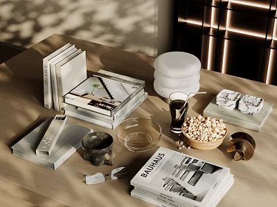 Elegant Modern Tabletop Decorative Ornament Set With Books Glass Cup Popcorn Bowl And Decorative Items 3d model